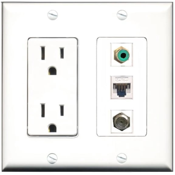 RiteAV - 15 Amp Power Outlet 1 Port RCA Green 1 Port Coax 1 Port Cat5e Ethernet White Decorative Wall Plate