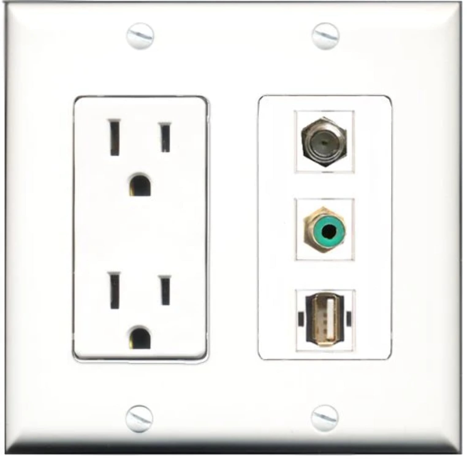 RiteAV - 15 Amp Power Outlet 1 Port RCA Green 1 Port Coax 1 Port USB A-A Decorative Wall Plate
