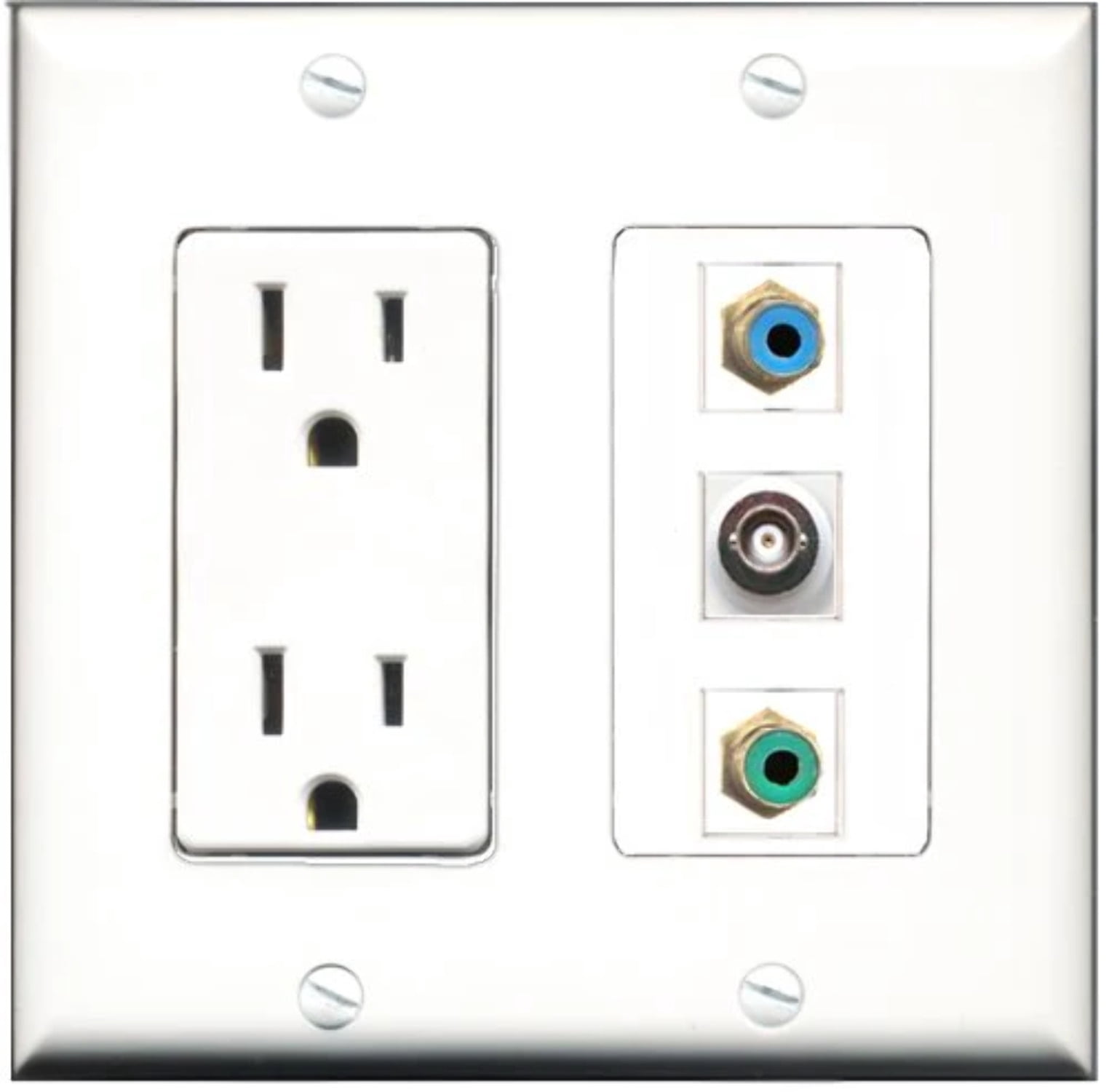 RiteAV - 15 Amp Power Outlet 1 Port RCA Green 1 Port RCA Blue 1 Port BNC Decorative Wall Plate