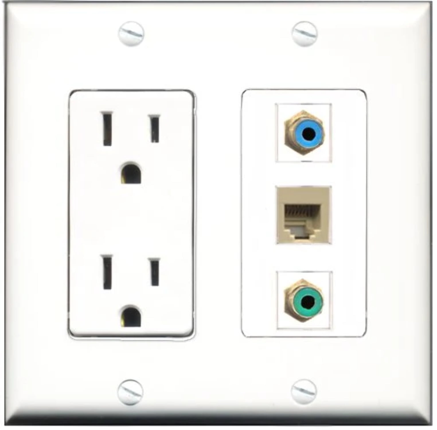 RiteAV - 15 Amp Power Outlet 1 Port RCA Green 1 Port RCA Blue 1 Port Phone Beige Decorative Wall Plate