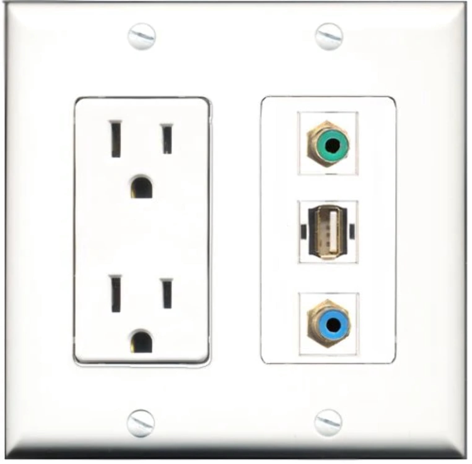 RiteAV - 15 Amp Power Outlet 1 Port RCA Green 1 Port RCA Blue 1 Port USB A-A Decorative Wall Plate