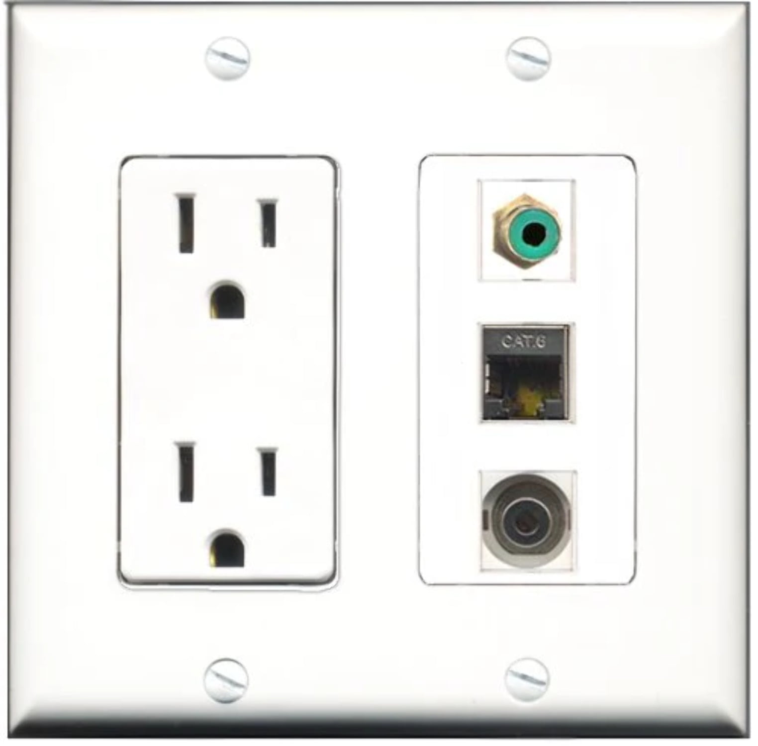 RiteAV - 15 Amp Power Outlet 1 Port RCA Green 1 Port Shielded Cat6 Ethernet Ethernet 1 Port 3.5mm Decorative Wall Plate