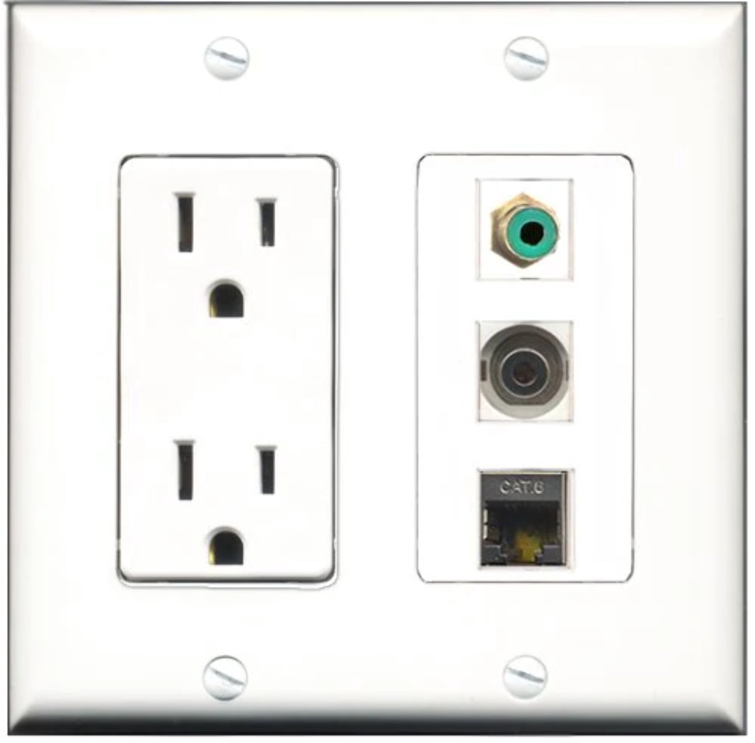 RiteAV - 15 Amp Power Outlet 1 Port RCA Green 1 Port Shielded Cat6 Ethernet Ethernet 1 Port 3.5mm Decorative Wall Plate
