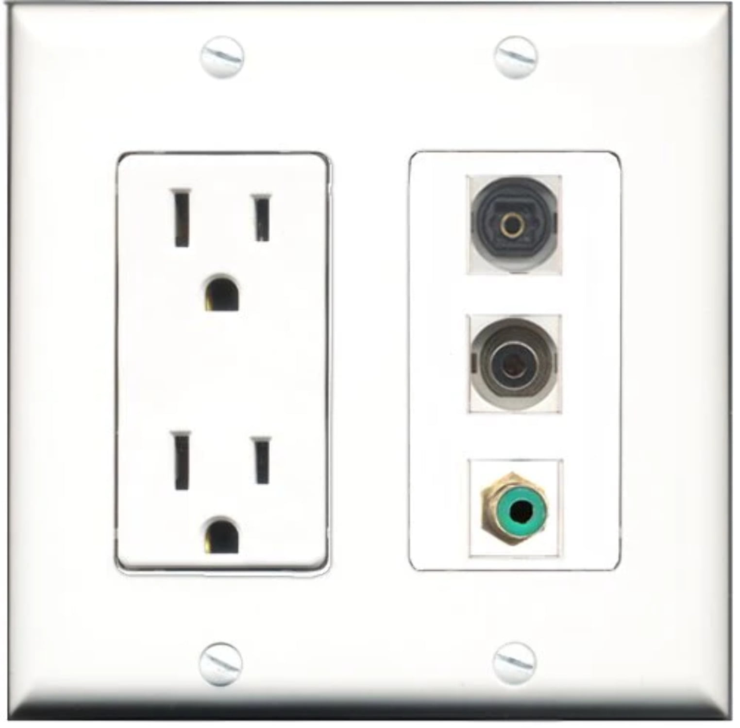 RiteAV - 15 Amp Power Outlet 1 Port RCA Green 1 Port Toslink 1 Port 3.5mm Decorative Wall Plate