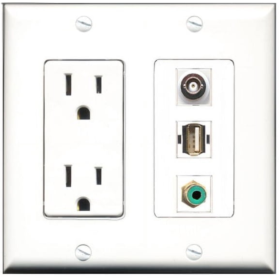 RiteAV - 15 Amp Power Outlet 1 Port RCA Green 1 Port USB A-A 1 Port BNC Decorative Wall Plate