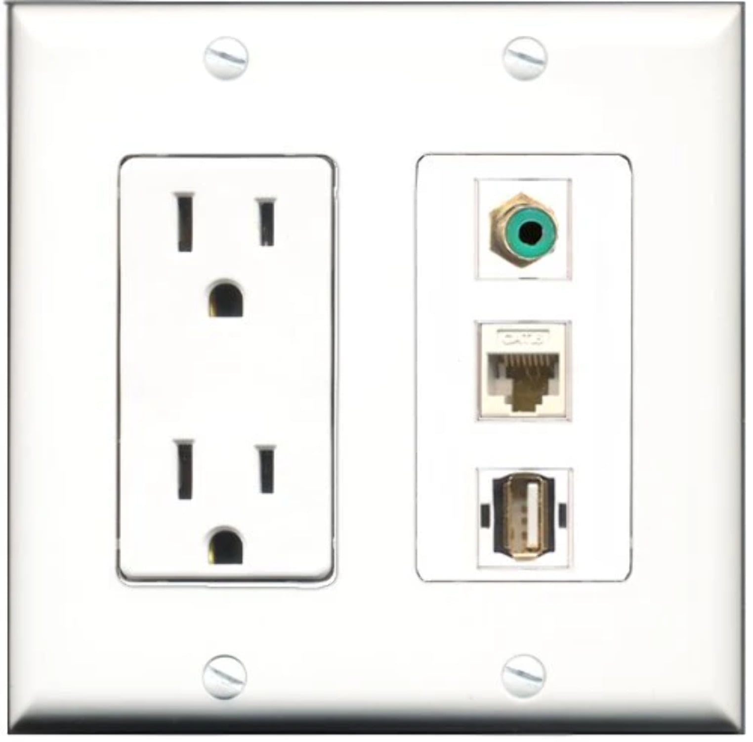 RiteAV - 15 Amp Power Outlet 1 Port RCA Green 1 Port USB A-A 1 Port Cat6 Ethernet Ethernet White Decorative Wall Plate