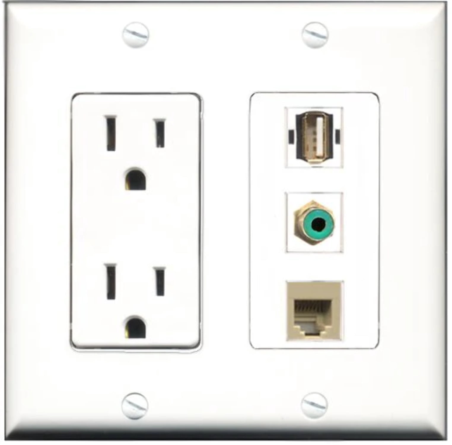 RiteAV - 15 Amp Power Outlet 1 Port RCA Green 1 Port USB A-A 1 Port Phone Beige Decorative Wall Plate