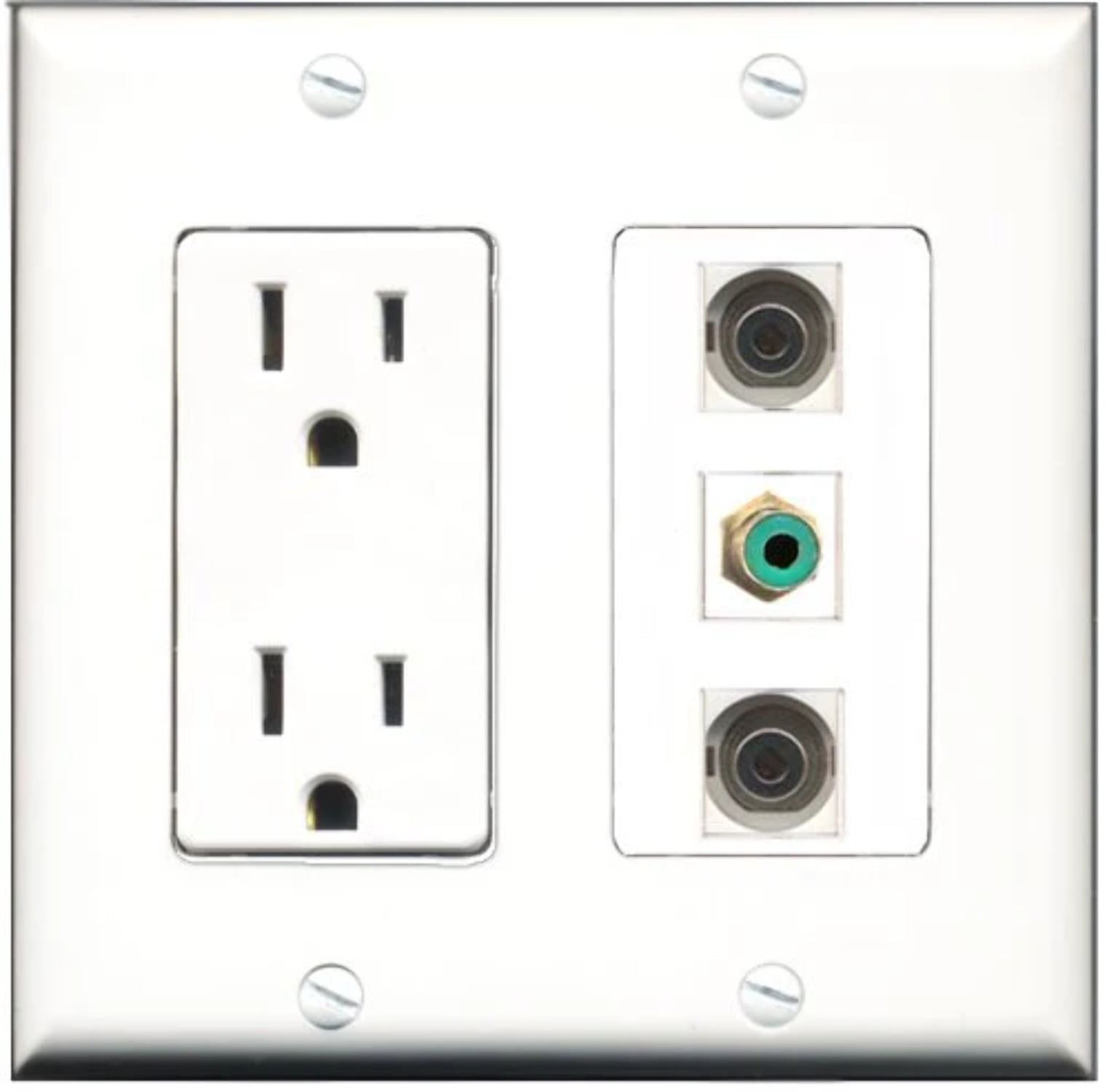 RiteAV - 15 Amp Power Outlet 1 Port RCA Green 2 Port 3.5mm Decorative Wall Plate