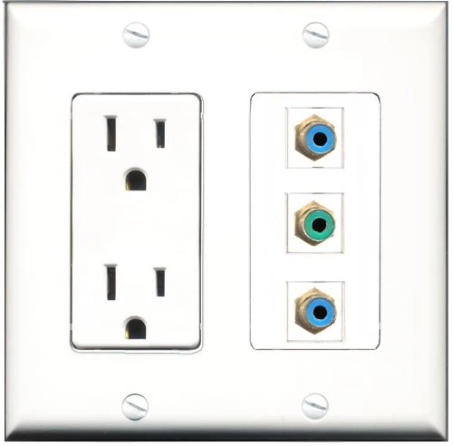 RiteAV - 15 Amp Power Outlet 1 Port RCA Green 2 Port RCA Blue Decorative Wall Plate