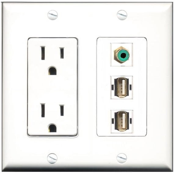 RiteAV - 15 Amp Power Outlet 1 Port RCA Green 2 Port USB A-A Decorative Wall Plate