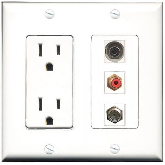 RiteAV - 15 Amp Power Outlet 1 Port RCA Red 1 Port Coax 1 Port 3.5mm Decorative Wall Plate