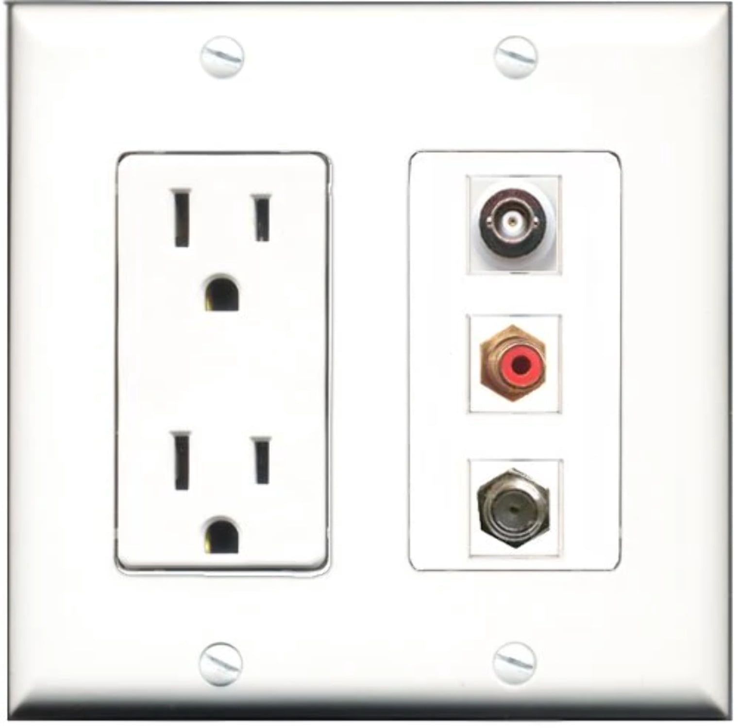 RiteAV - 15 Amp Power Outlet 1 Port RCA Red 1 Port Coax 1 Port BNC Decorative Wall Plate
