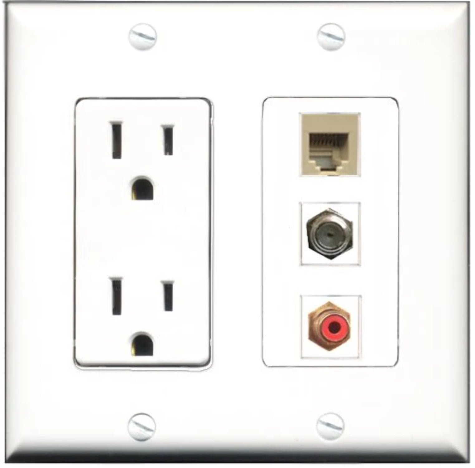 RiteAV - 15 Amp Power Outlet 1 Port RCA Red 1 Port Coax 1 Port Phone Beige Decorative Wall Plate