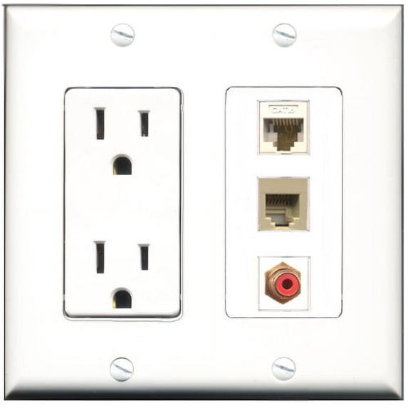 RiteAV - 15 Amp Power Outlet 1 Port RCA Red 1 Port Phone Beige 1 Port Shielded Cat6 Ethernet Ethernet Decorative Wall Plate
