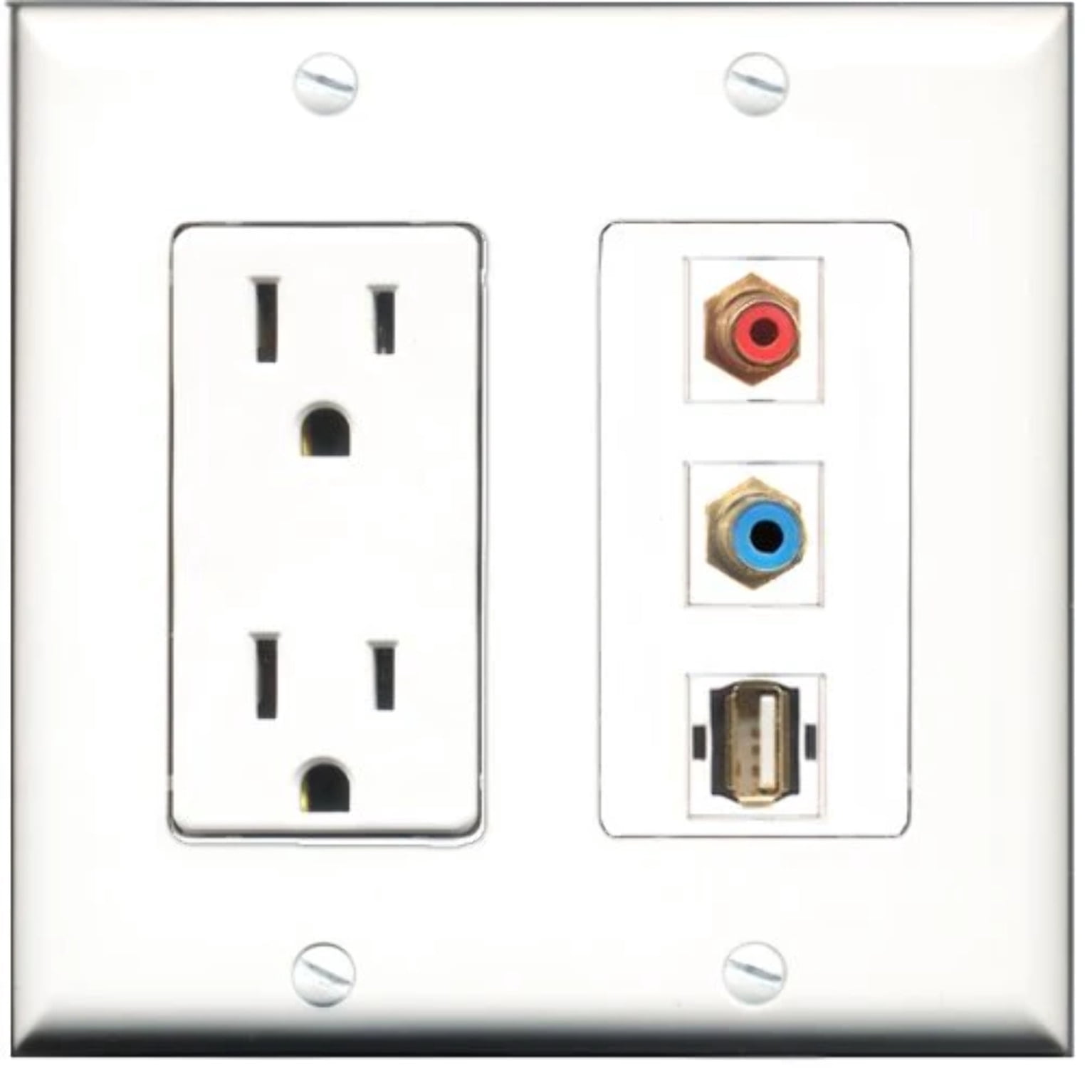 RiteAV - 15 Amp Power Outlet 1 Port RCA Red 1 Port RCA Blue 1 Port USB A-A Decorative Wall Plate