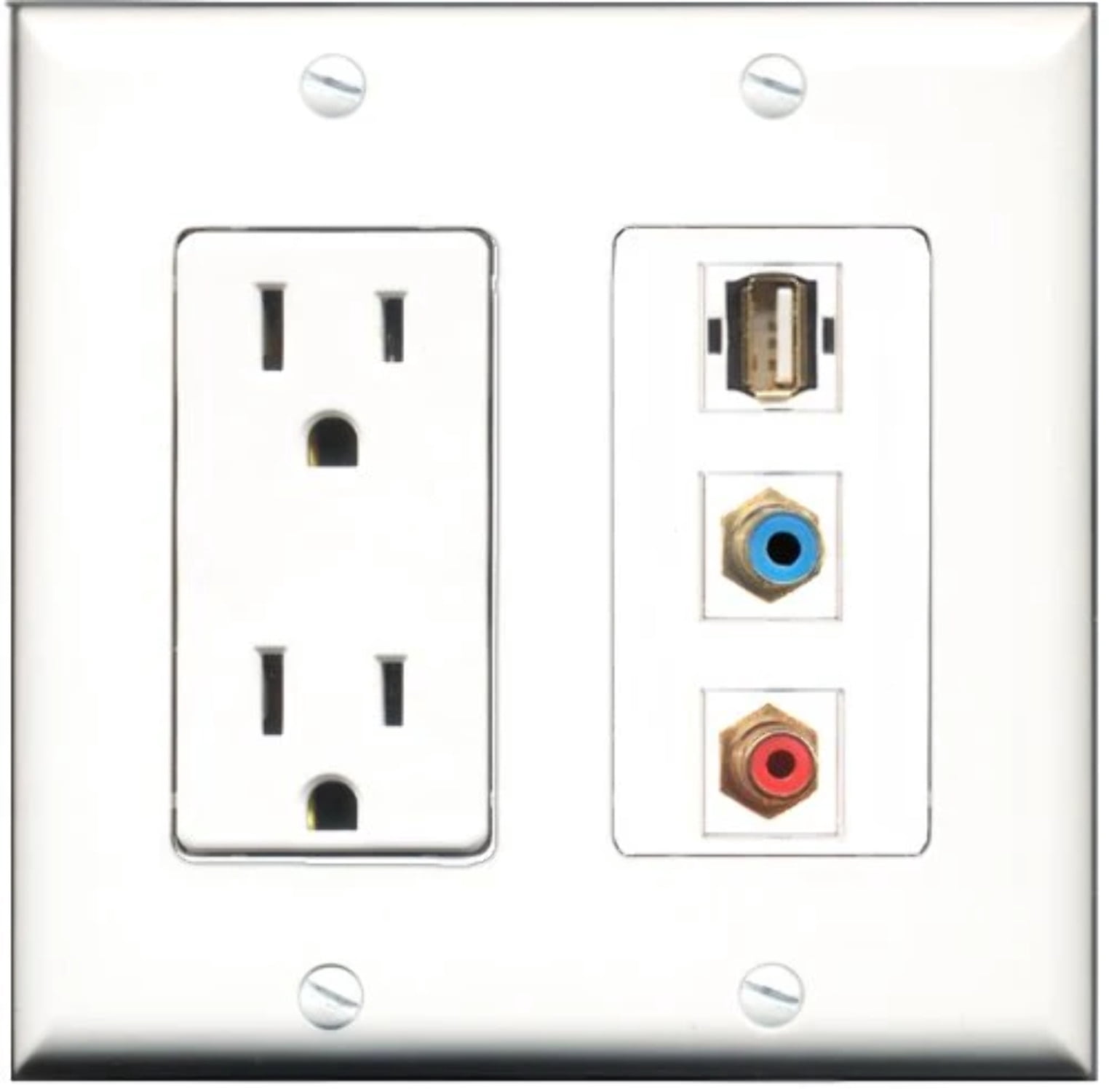 RiteAV - 15 Amp Power Outlet 1 Port RCA Red 1 Port RCA Blue 1 Port USB A-A Decorative Wall Plate