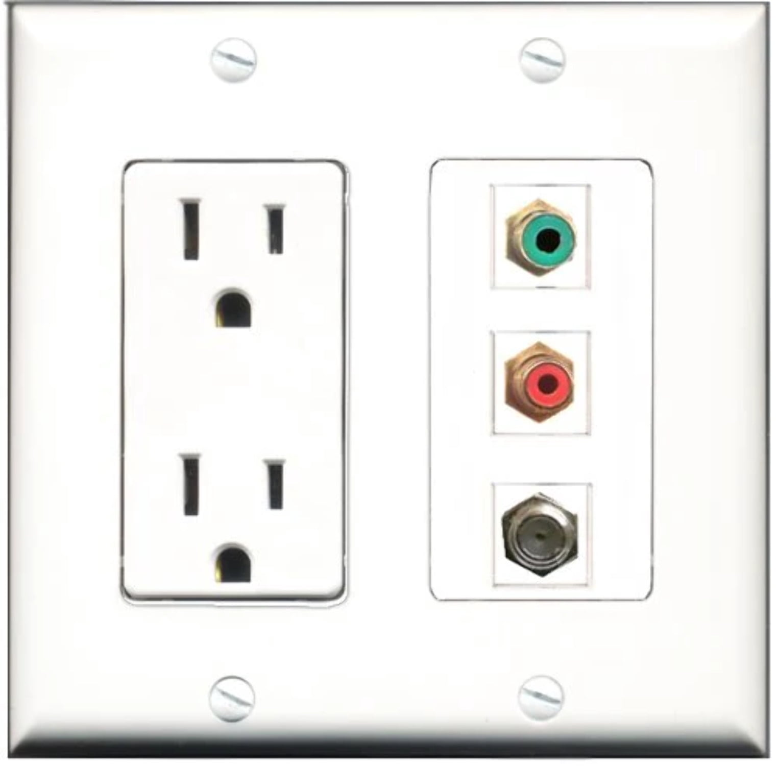 RiteAV - 15 Amp Power Outlet 1 Port RCA Red 1 Port RCA Green 1 Port Coax Decorative Wall Plate