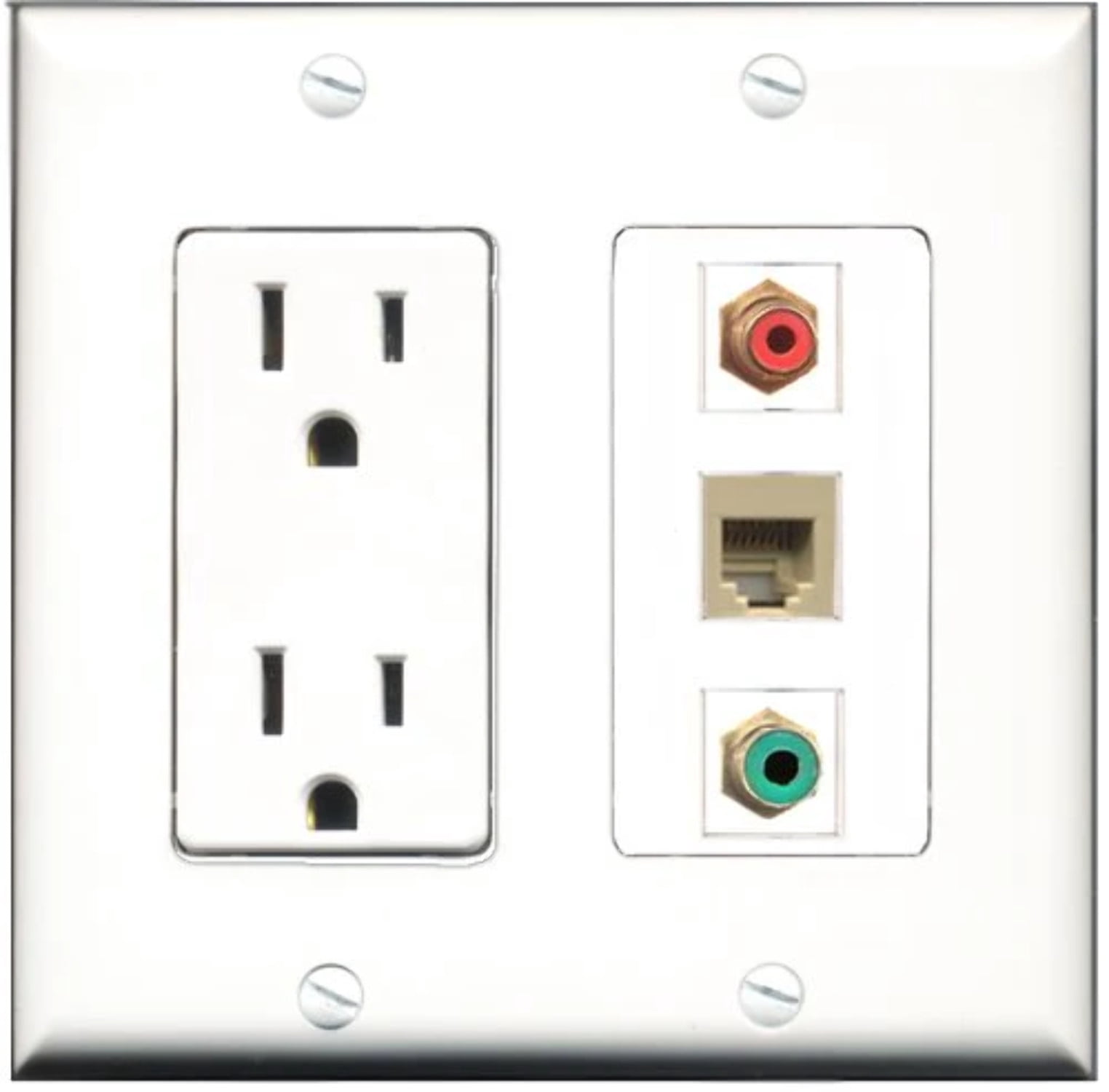 RiteAV - 15 Amp Power Outlet 1 Port RCA Red 1 Port RCA Green 1 Port Phone Beige Decorative Wall Plate