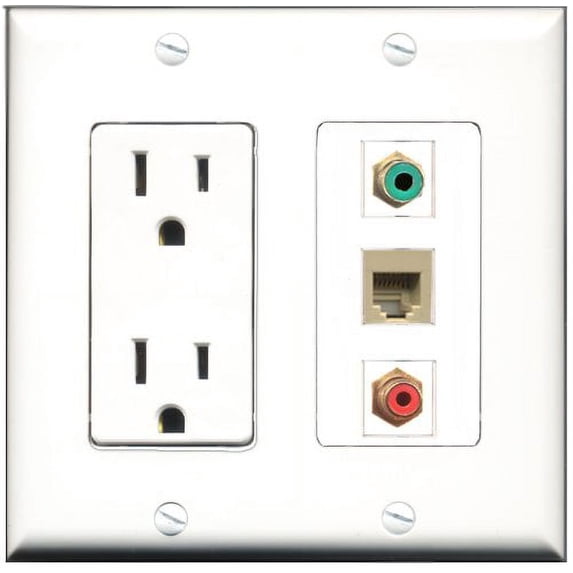 RiteAV - 15 Amp Power Outlet 1 Port RCA Red 1 Port RCA Green 1 Port Phone Beige Decorative Wall Plate