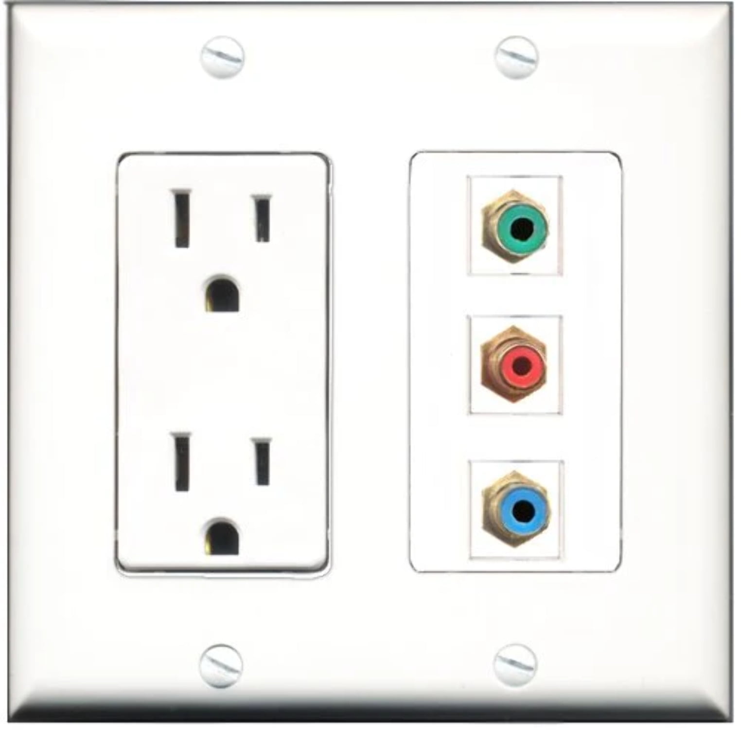 RiteAV - 15 Amp Power Outlet 1 Port RCA Red 1 Port RCA Green 1 Port RCA Blue Decorative Wall Plate