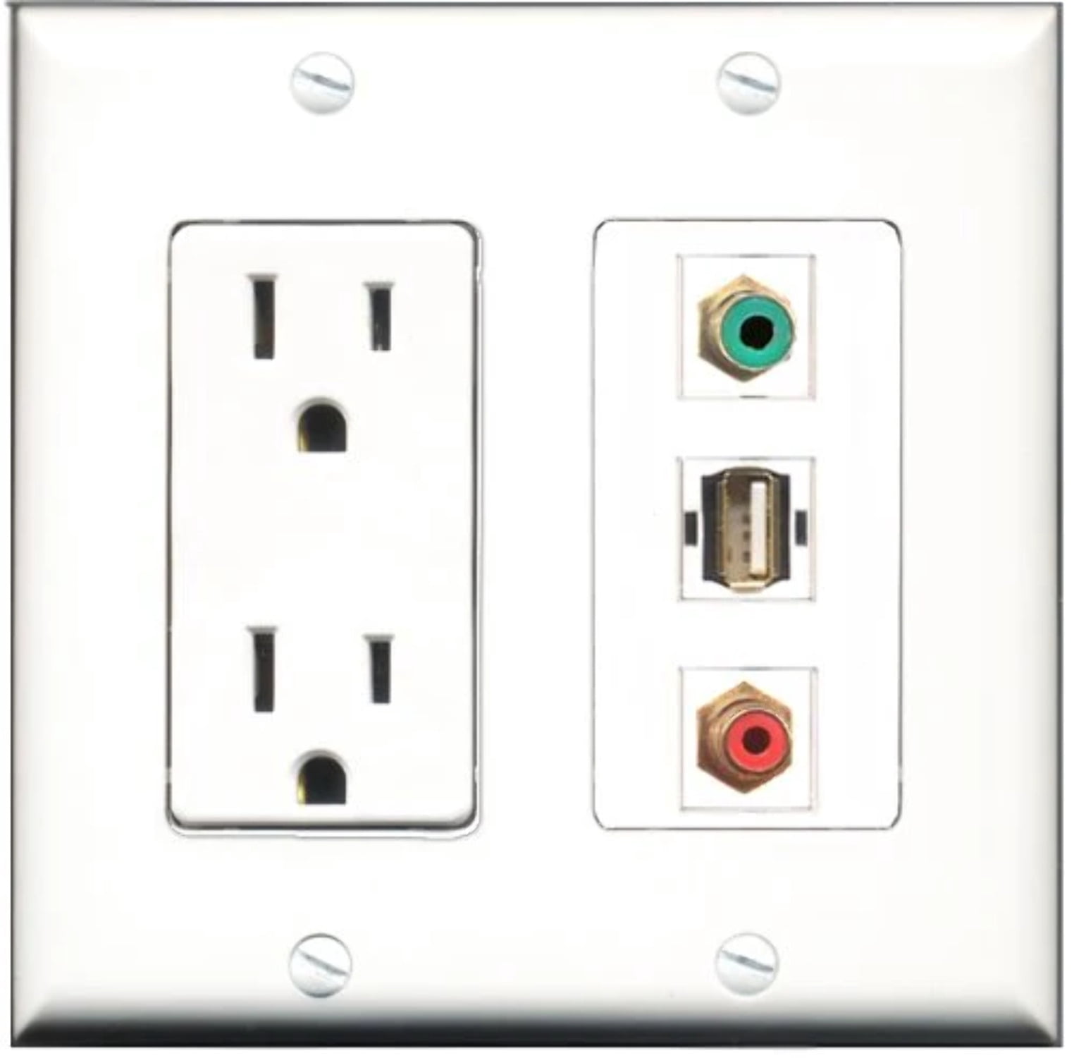 RiteAV - 15 Amp Power Outlet 1 Port RCA Red 1 Port RCA Green 1 Port USB A-A Decorative Wall Plate