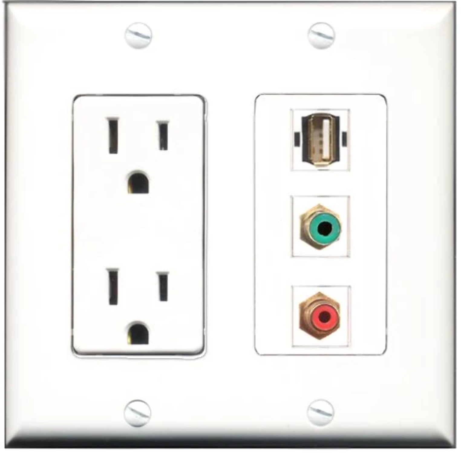 RiteAV - 15 Amp Power Outlet 1 Port RCA Red 1 Port RCA Green 1 Port USB A-A Decorative Wall Plate