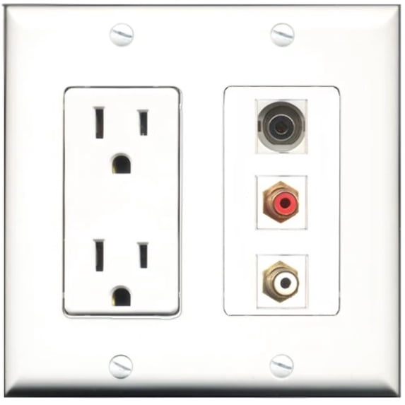 RiteAV - 15 Amp Power Outlet 1 Port RCA Red 1 Port RCA White 1 Port 3.5mm Decorative Wall Plate