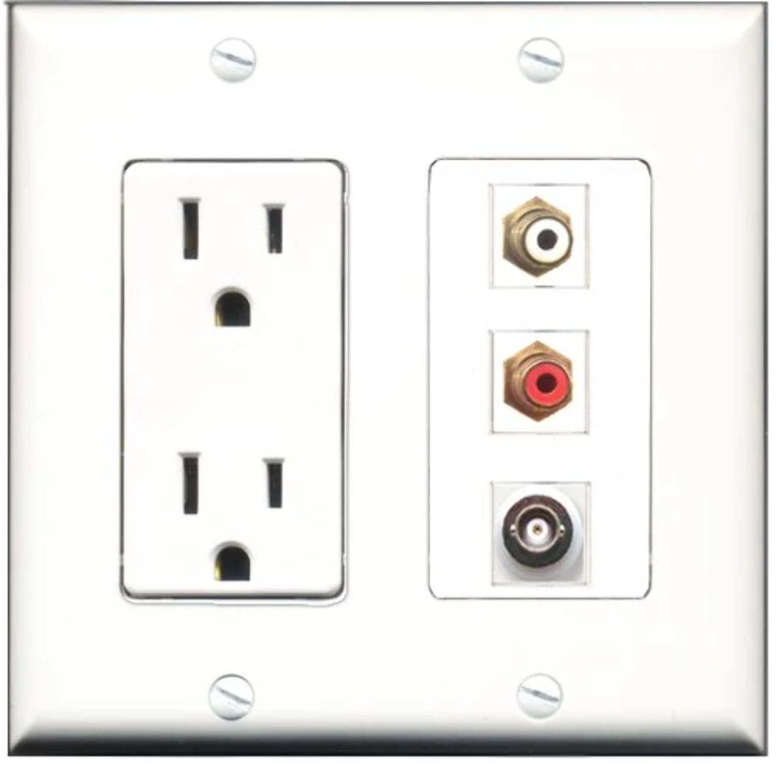 RiteAV - 15 Amp Power Outlet 1 Port RCA Red 1 Port RCA White 1 Port BNC Decorative Wall Plate