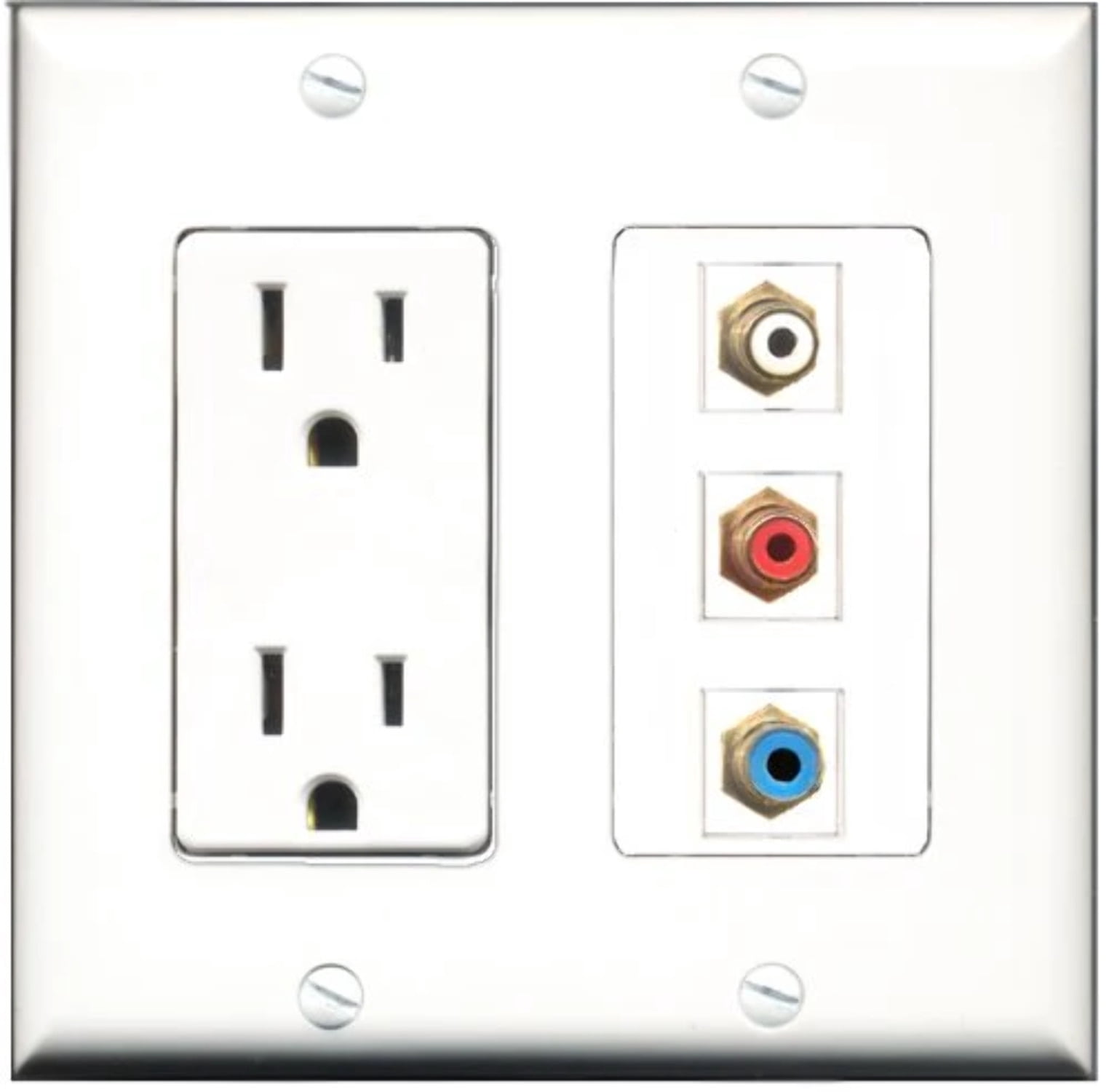 RiteAV - 15 Amp Power Outlet 1 Port RCA Red 1 Port RCA White 1 Port RCA Blue Decorative Wall Plate