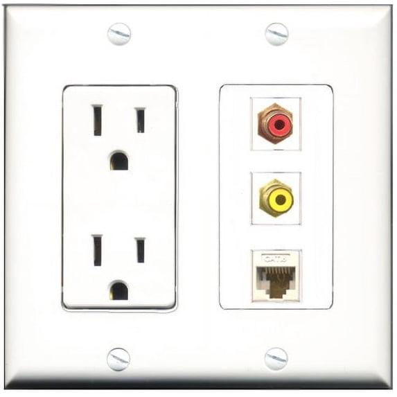 RiteAV - 15 Amp Power Outlet 1 Port RCA Red 1 Port RCA Yellow 1 Port Cat6 Ethernet Ethernet White Decorative Wall Plate