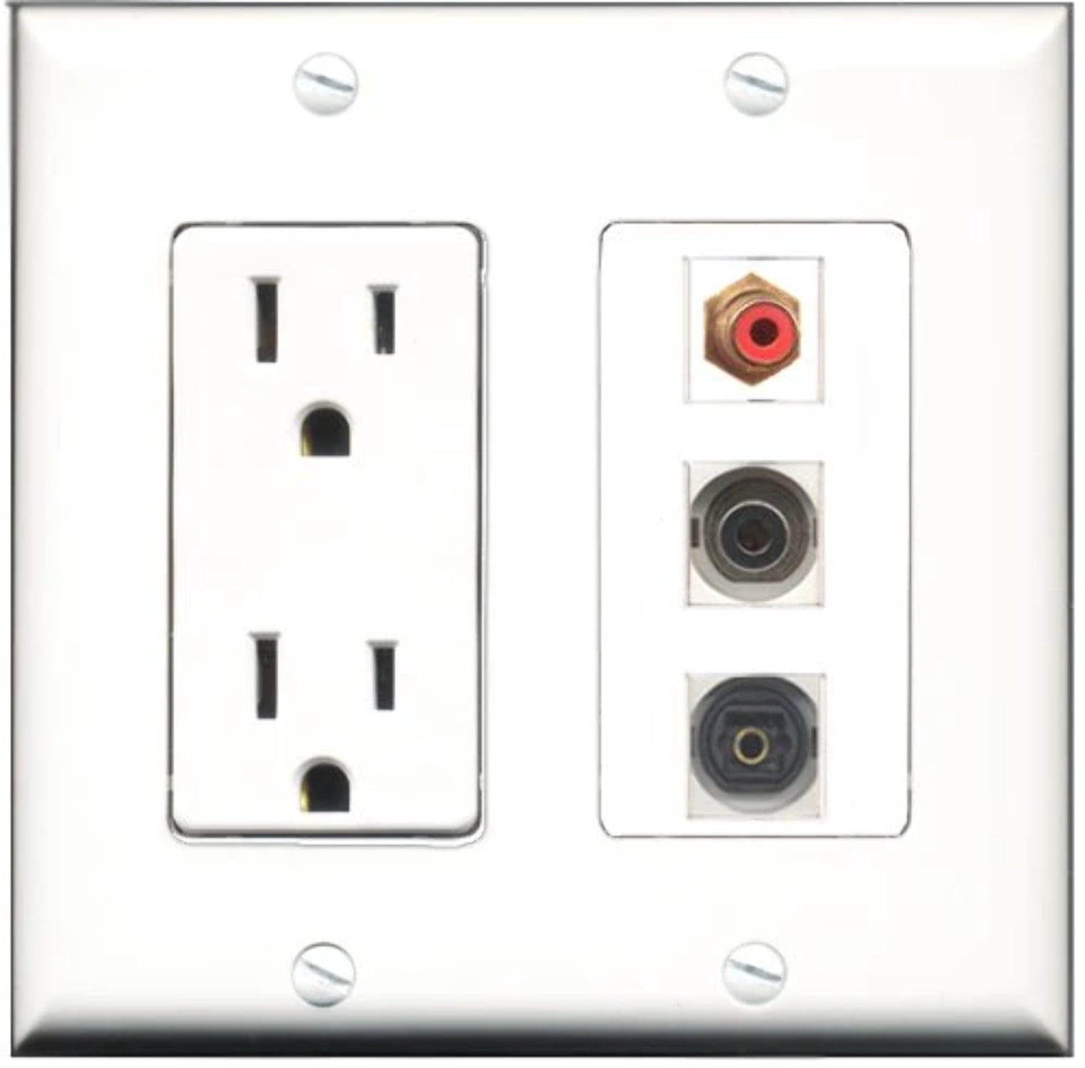 RiteAV - 15 Amp Power Outlet 1 Port RCA Red 1 Port Toslink 1 Port 3.5mm Decorative Wall Plate