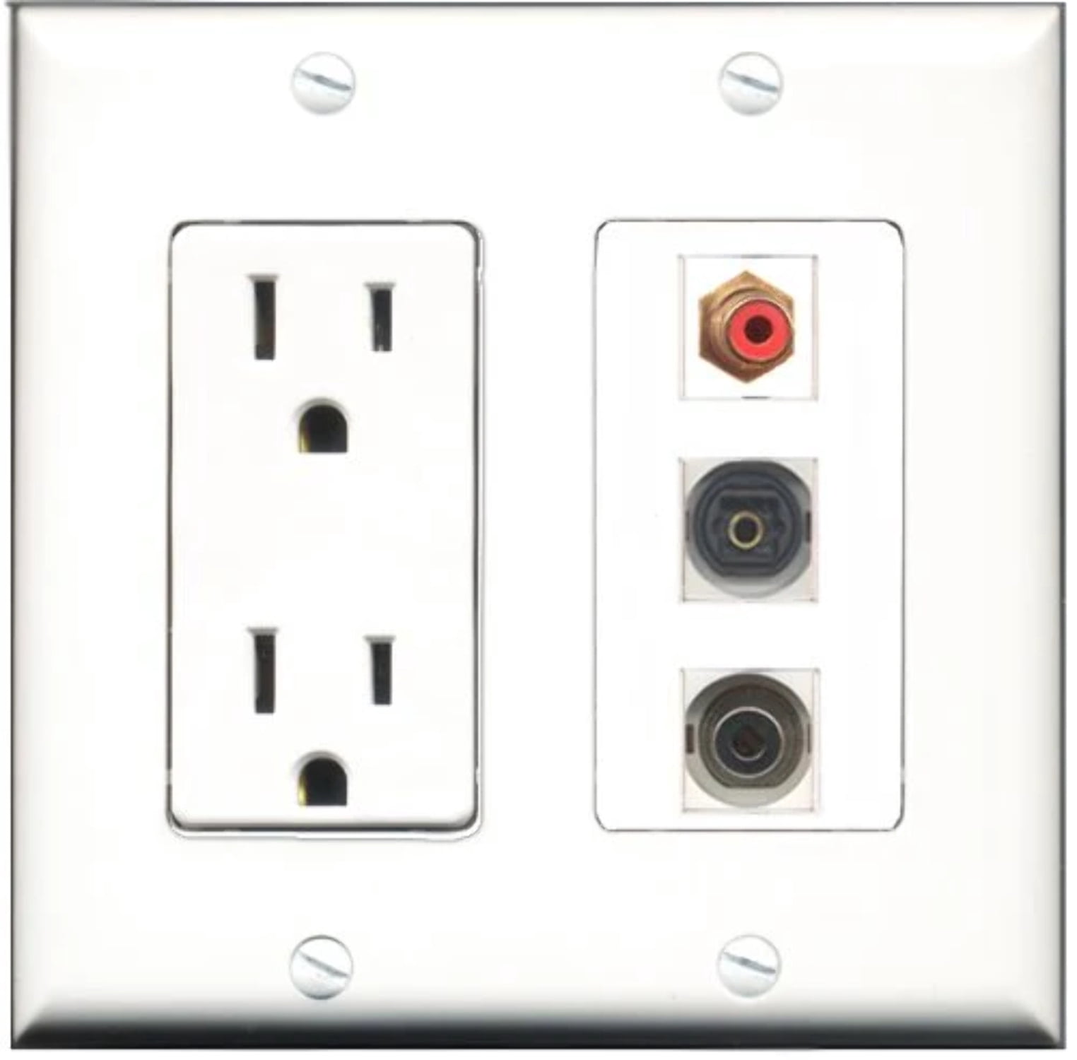 RiteAV - 15 Amp Power Outlet 1 Port RCA Red 1 Port Toslink 1 Port 3.5mm Decorative Wall Plate