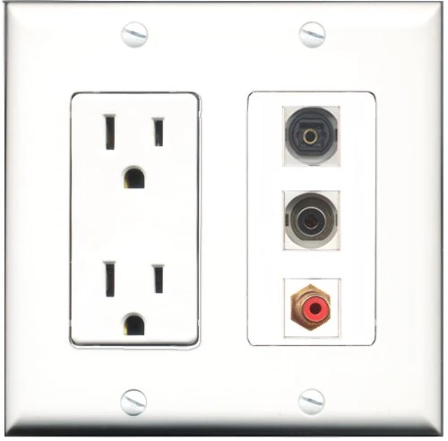 RiteAV - 15 Amp Power Outlet 1 Port RCA Red 1 Port Toslink 1 Port 3.5mm Decorative Wall Plate
