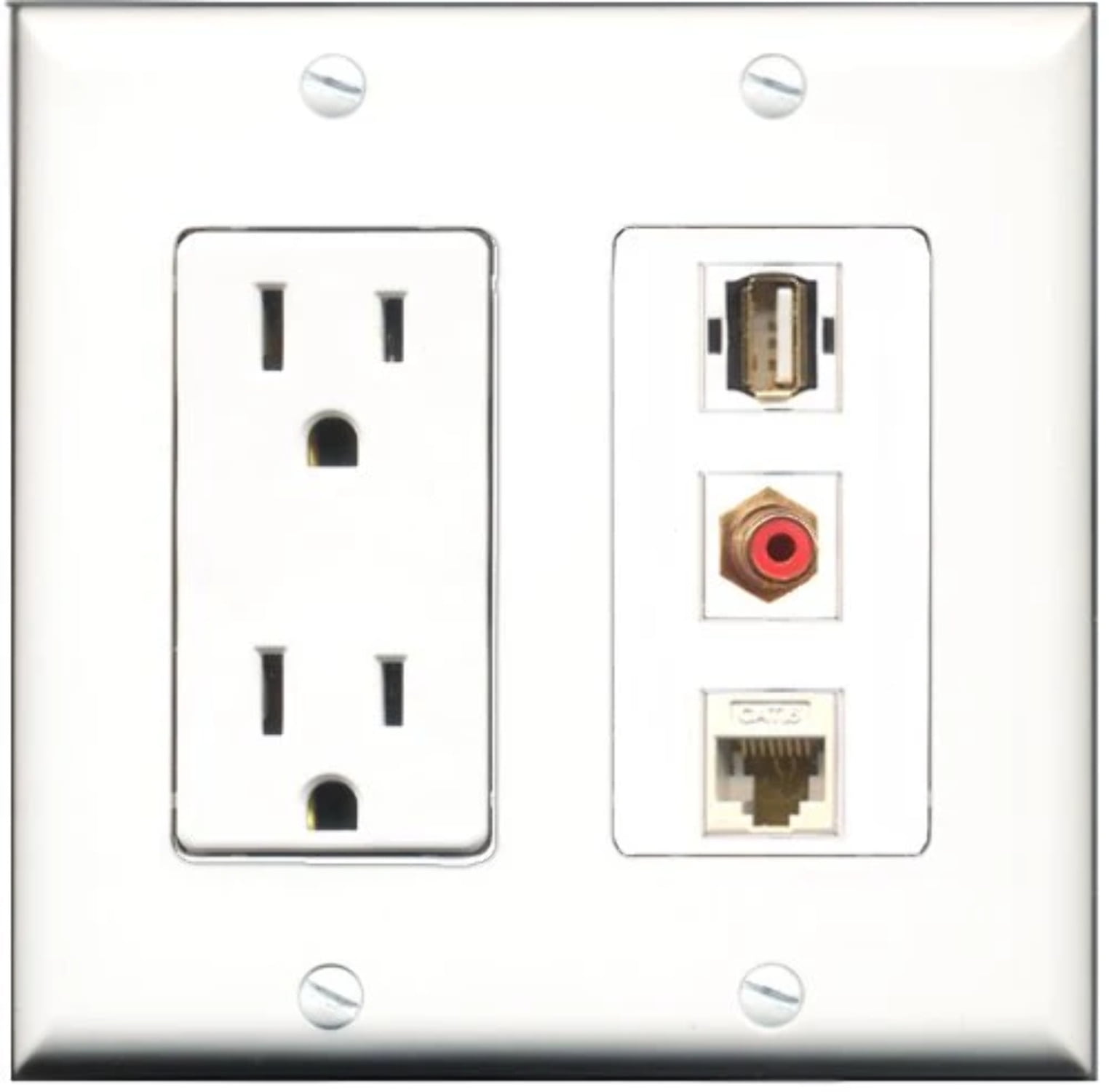 RiteAV - 15 Amp Power Outlet 1 Port RCA Red 1 Port USB A-A 1 Port Cat6 Ethernet Ethernet White Decorative Wall Plate