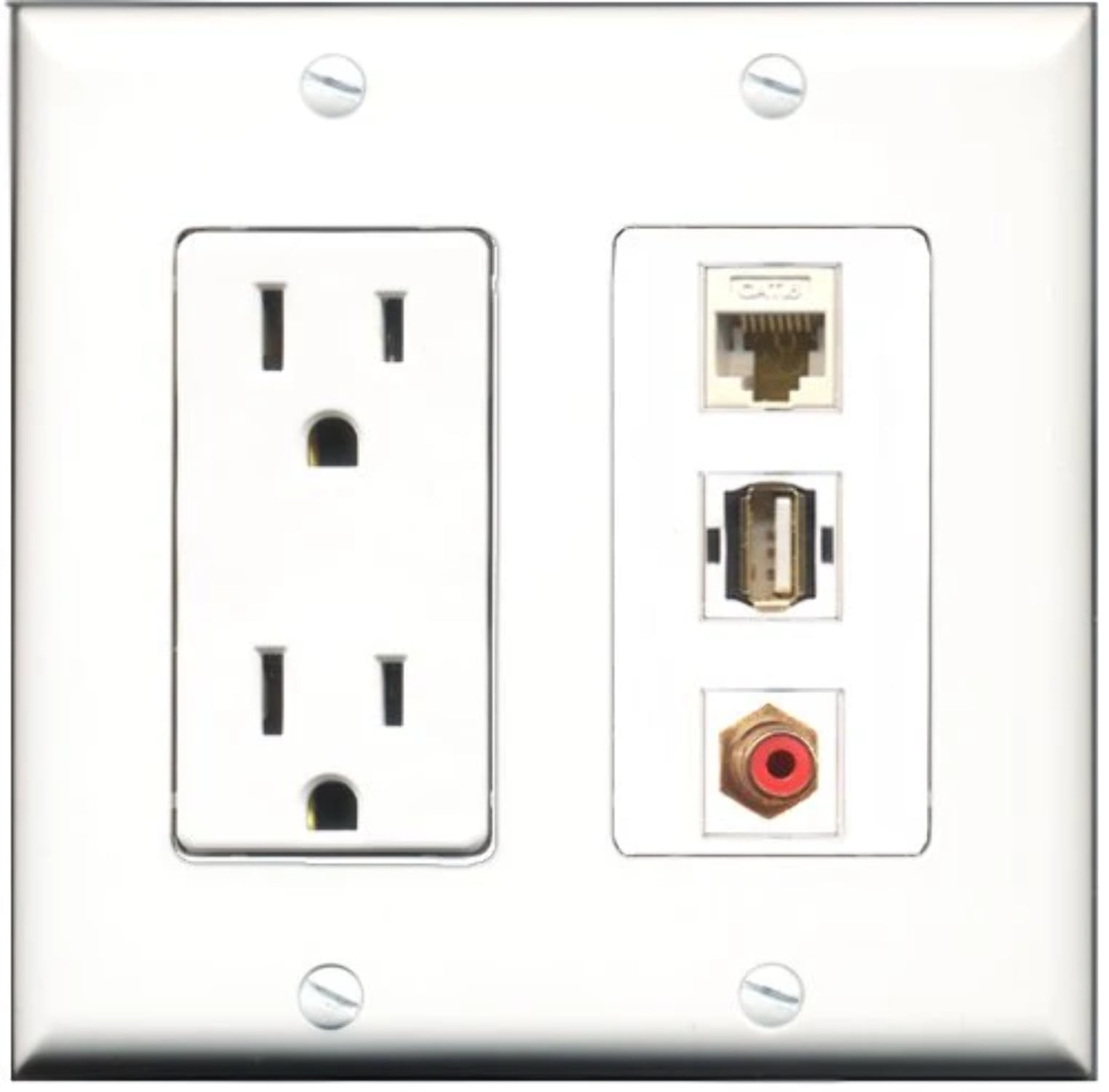 RiteAV - 15 Amp Power Outlet 1 Port RCA Red 1 Port USB A-A 1 Port Shielded Cat6 Ethernet Ethernet Decorative Wall Plate