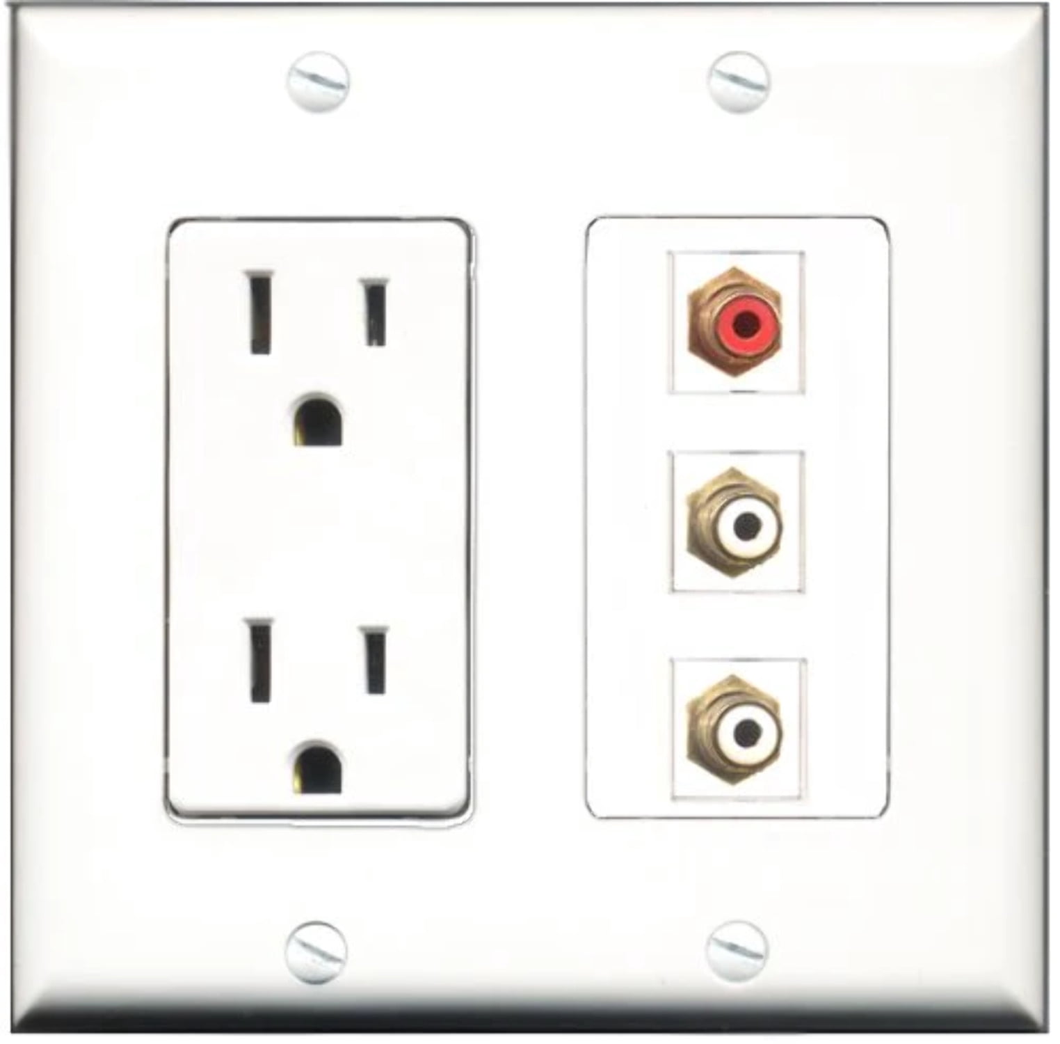 RiteAV - 15 Amp Power Outlet 1 Port RCA Red 2 Port RCA White Decorative Wall Plate