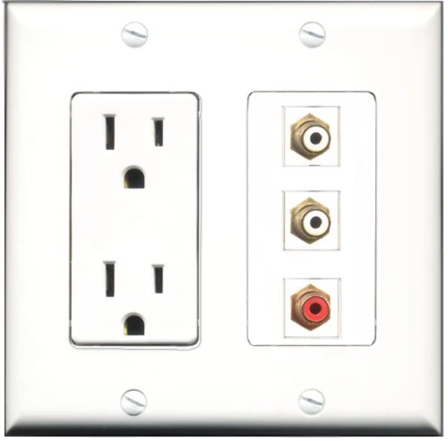 RiteAV - 15 Amp Power Outlet 1 Port RCA Red 2 Port RCA White Decorative Wall Plate