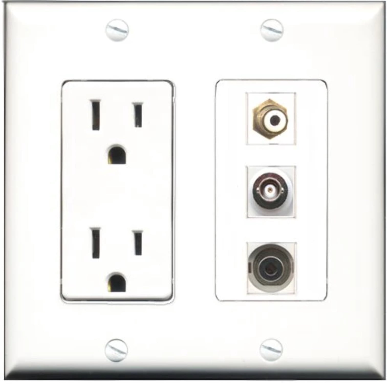 RiteAV - 15 Amp Power Outlet 1 Port RCA White 1 Port 3.5mm 1 Port BNC Decorative Wall Plate