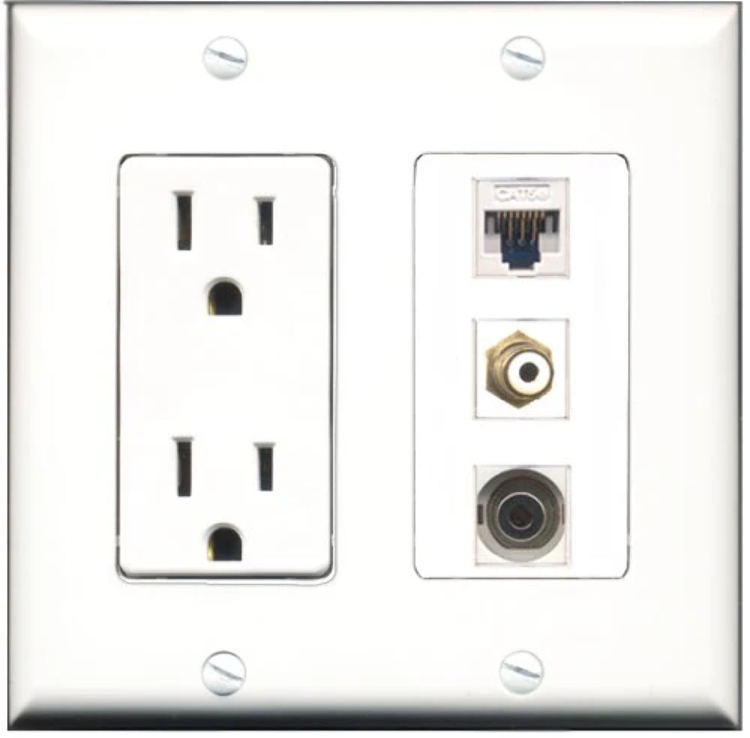 RiteAV - 15 Amp Power Outlet 1 Port RCA White 1 Port 3.5mm 1 Port Cat5e Ethernet White Decorative Wall Plate