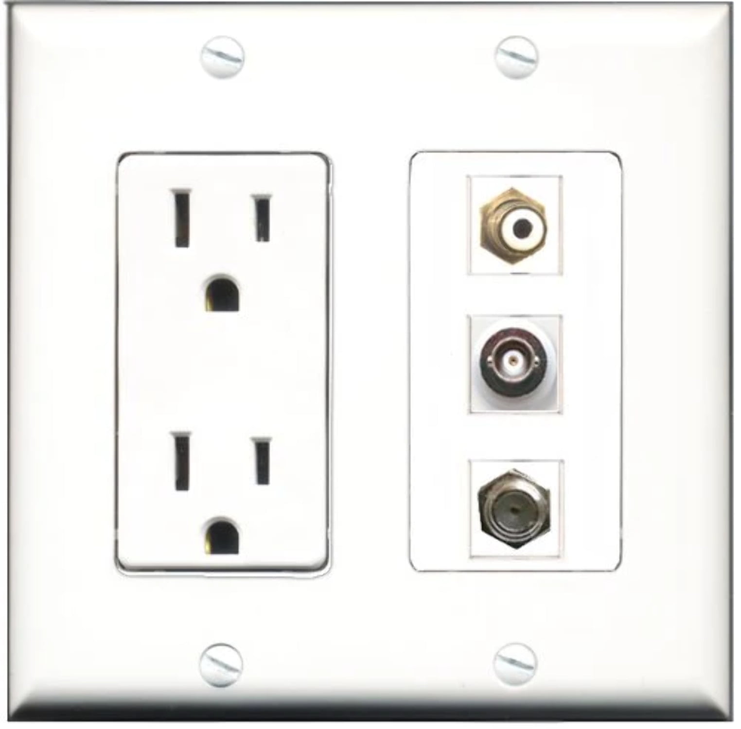 RiteAV - 15 Amp Power Outlet 1 Port RCA White 1 Port Coax 1 Port BNC Decorative Wall Plate