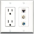 thumbnail image 1 of RiteAV - 15 Amp Power Outlet 1 Port RCA White 1 Port RCA Blue 1 Port Cat5e Ethernet White Decorative Wall Plate, 1 of 1