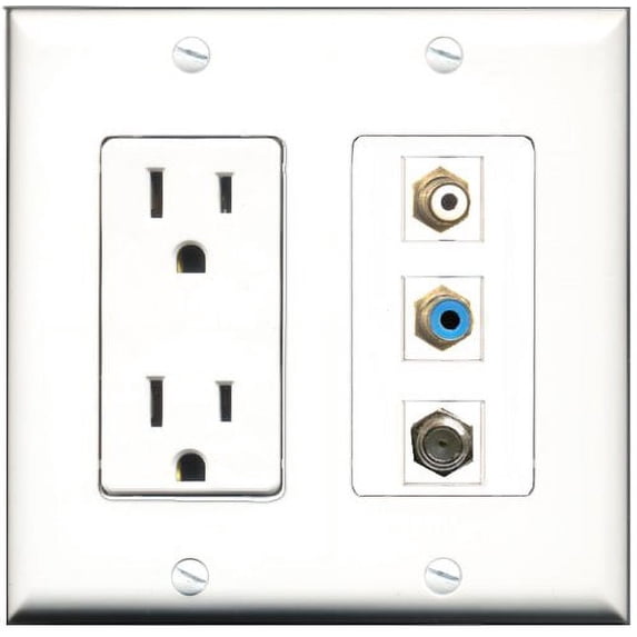 RiteAV - 15 Amp Power Outlet 1 Port RCA White 1 Port RCA Blue 1 Port Coax Decorative Wall Plate