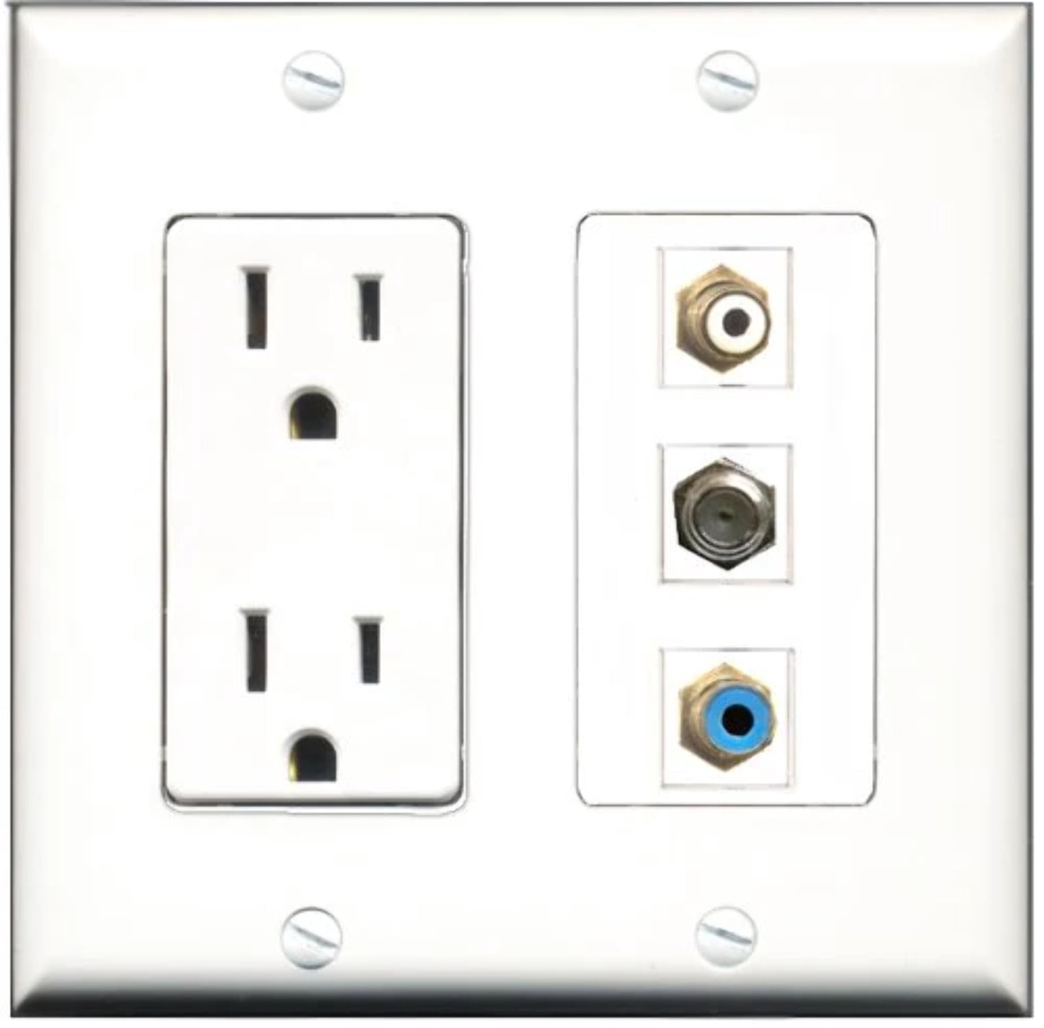 RiteAV - 15 Amp Power Outlet 1 Port RCA White 1 Port RCA Blue 1 Port Coax Decorative Wall Plate