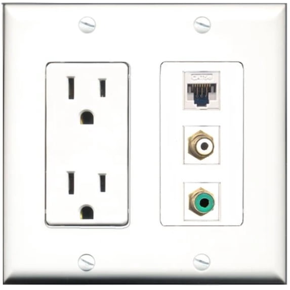 RiteAV - 15 Amp Power Outlet 1 Port RCA White 1 Port RCA Green 1 Port Cat5e Ethernet White Decorative Wall Plate