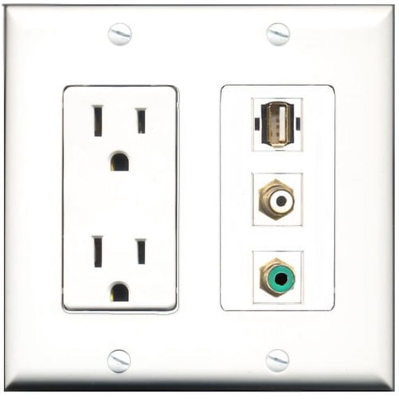 RiteAV - 15 Amp Power Outlet 1 Port RCA White 1 Port RCA Green 1 Port USB A-A Decorative Wall Plate