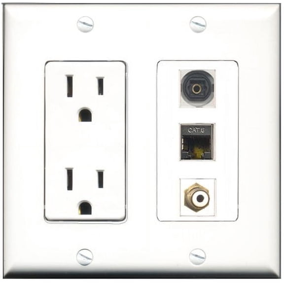 RiteAV - 15 Amp Power Outlet 1 Port RCA White 1 Port Shielded Cat6 Ethernet Ethernet 1 Port Toslink Decorative Wall Plate