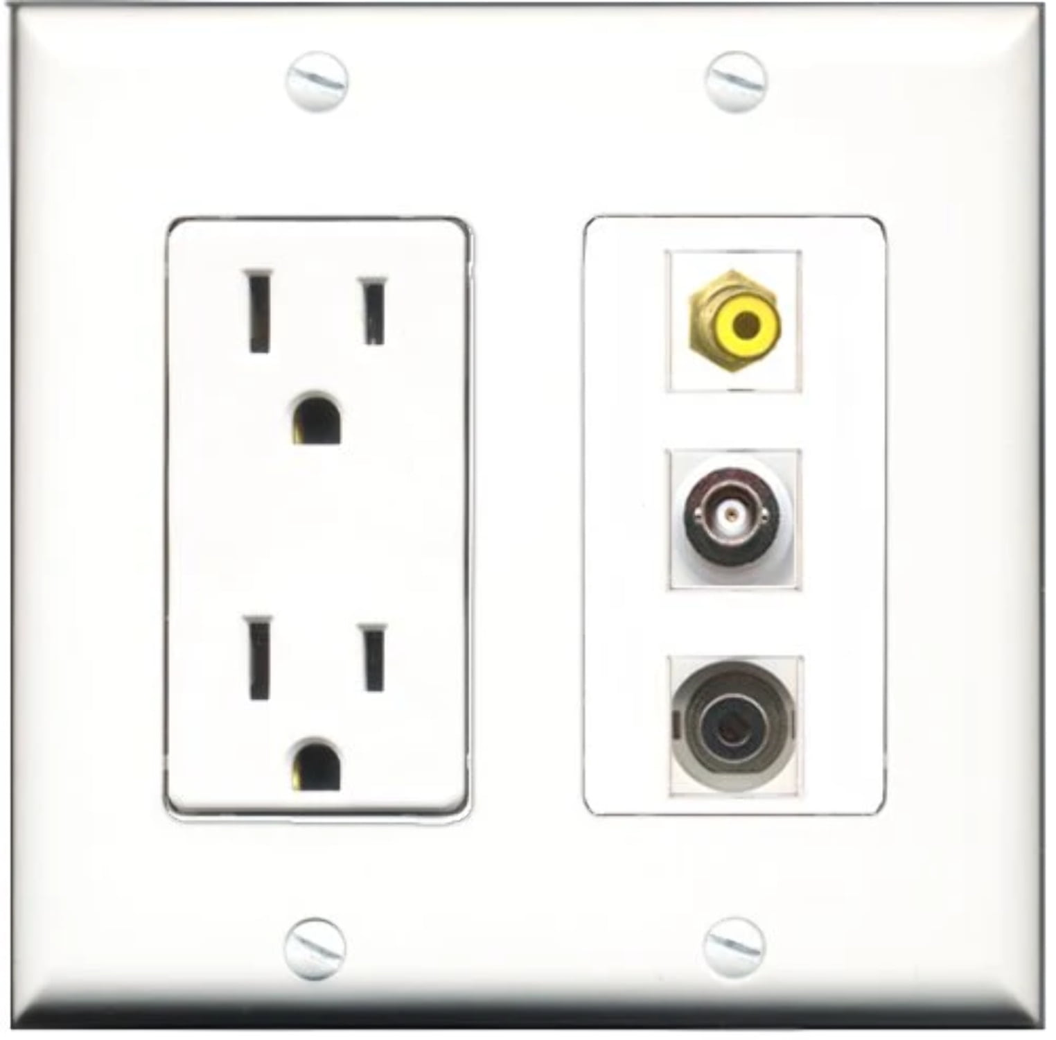 RiteAV - 15 Amp Power Outlet 1 Port RCA Yellow 1 Port 3.5mm 1 Port BNC Decorative Wall Plate