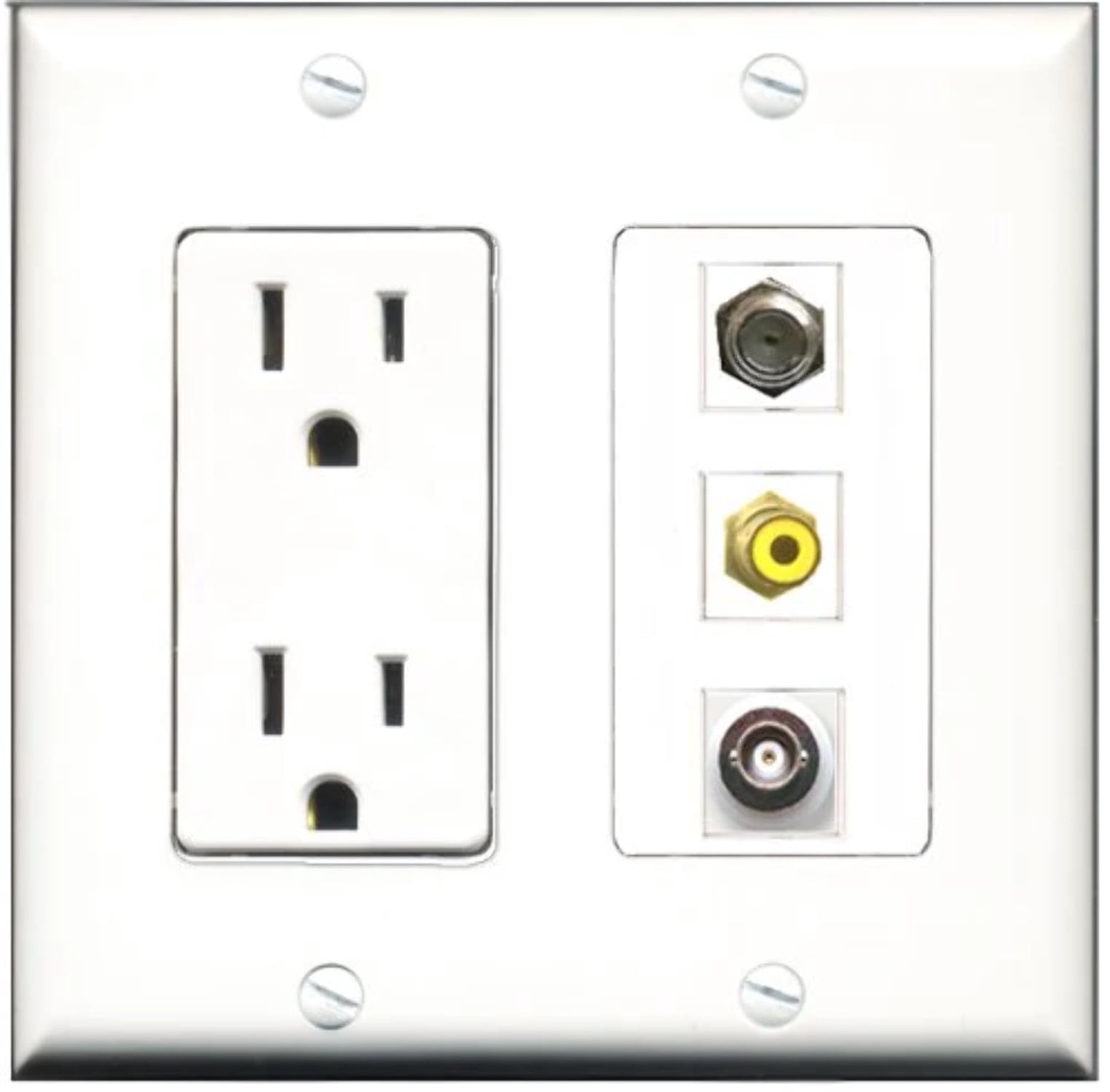 RiteAV - 15 Amp Power Outlet 1 Port RCA Yellow 1 Port Coax 1 Port BNC Decorative Wall Plate
