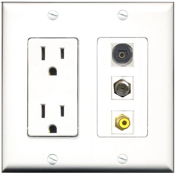 RiteAV - 15 Amp Power Outlet 1 Port RCA Yellow 1 Port Coax 1 Port Toslink Decorative Wall Plate