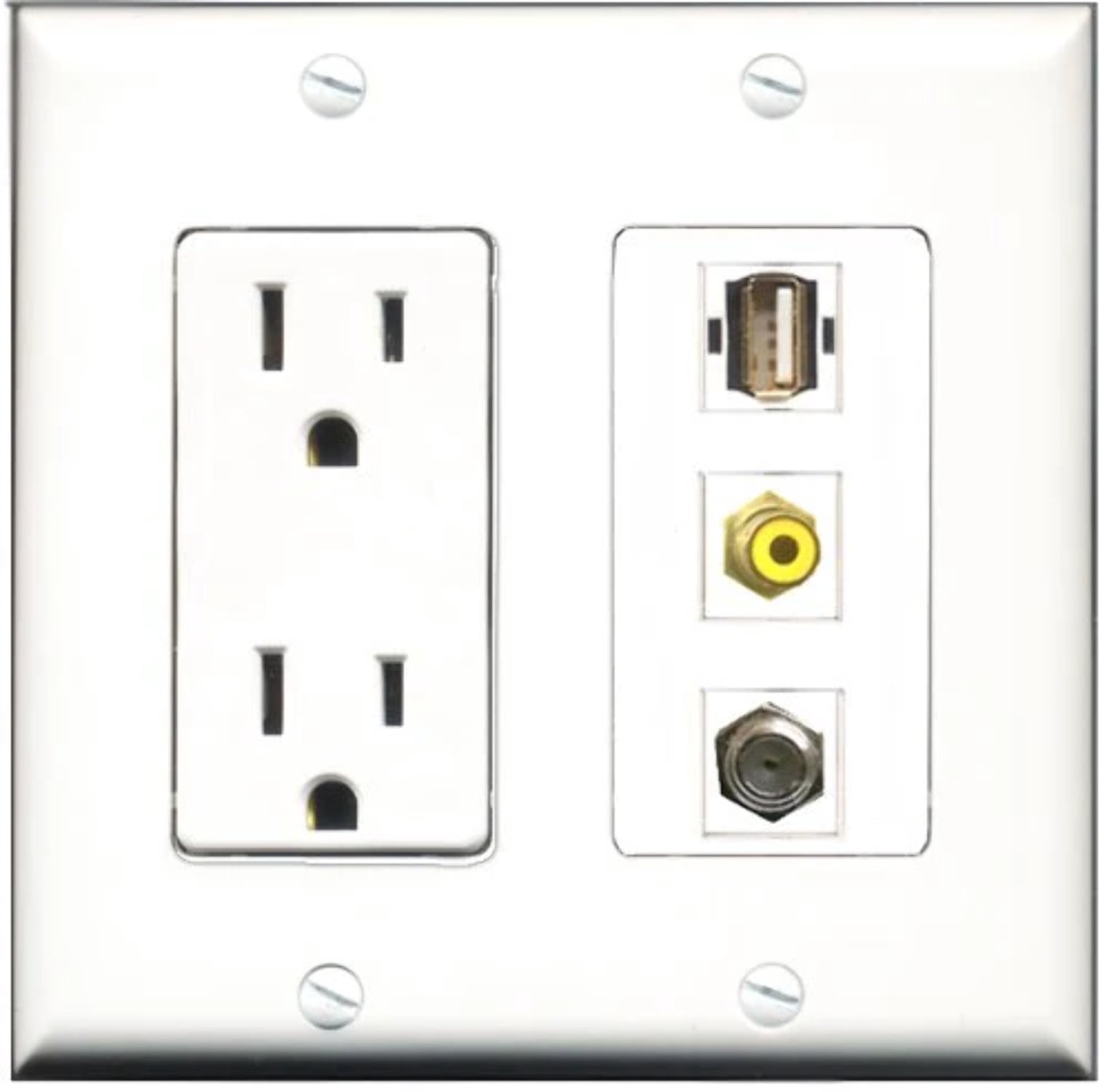 RiteAV - 15 Amp Power Outlet 1 Port RCA Yellow 1 Port Coax 1 Port USB A-A Decorative Wall Plate